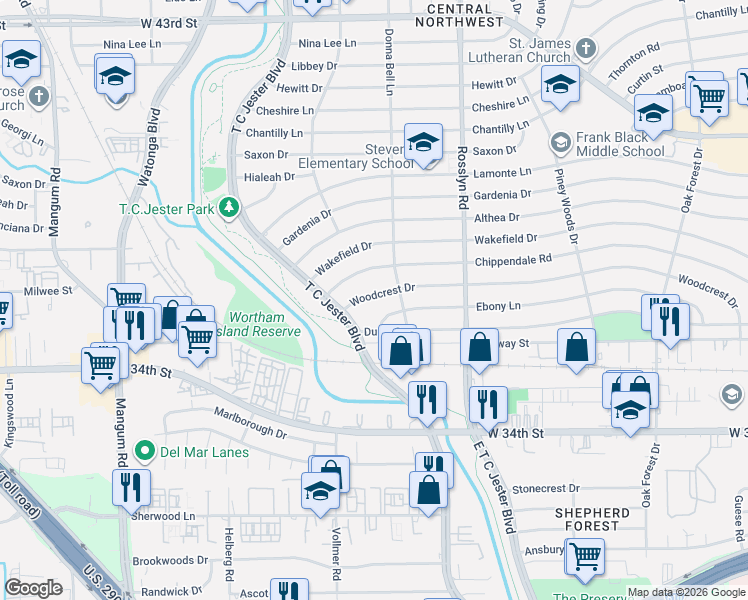 map of restaurants, bars, coffee shops, grocery stores, and more near 2015 Ebony Lane in Houston