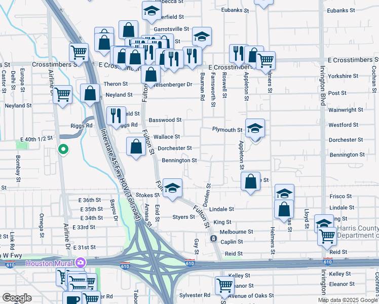 map of restaurants, bars, coffee shops, grocery stores, and more near 211 Bennington Street in Houston