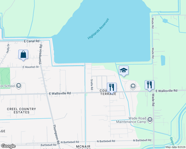 map of restaurants, bars, coffee shops, grocery stores, and more near 8603 Sralla Road in Highlands