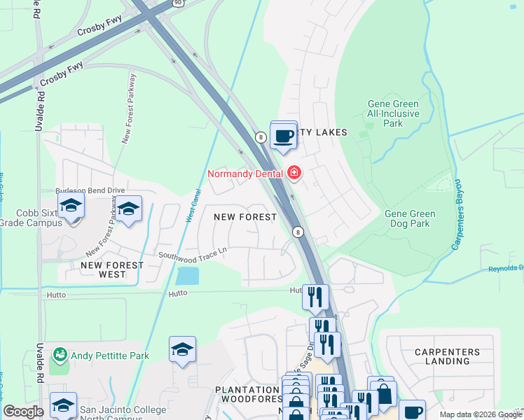 map of restaurants, bars, coffee shops, grocery stores, and more near 6726 Russelfield Lane in Houston