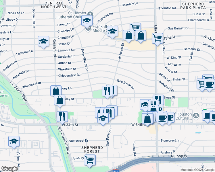 map of restaurants, bars, coffee shops, grocery stores, and more near 1403 Du Barry Lane in Houston