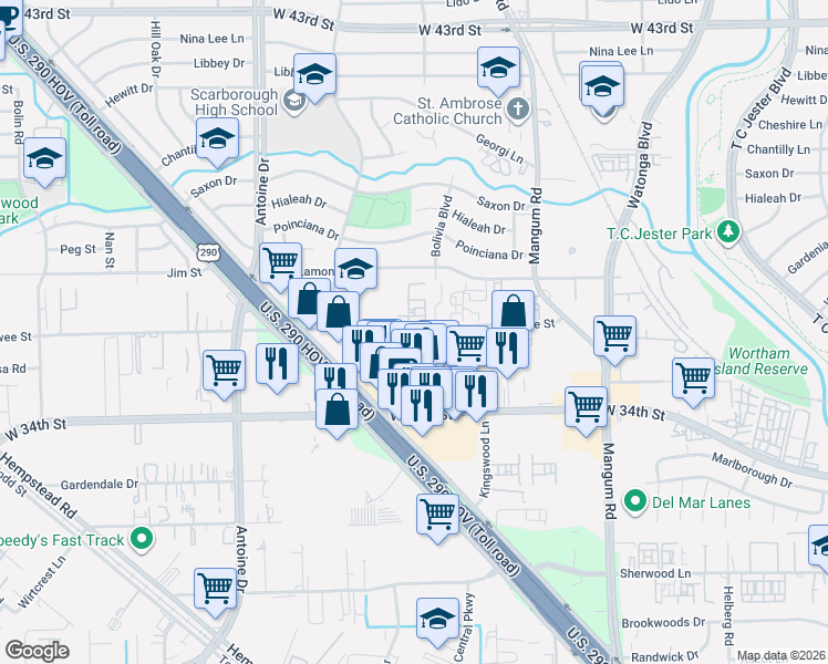 map of restaurants, bars, coffee shops, grocery stores, and more near 3615 Zoch Lane in Houston