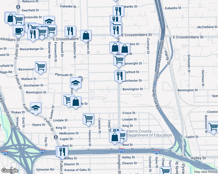 map of restaurants, bars, coffee shops, grocery stores, and more near 716 Bennington Street in Houston