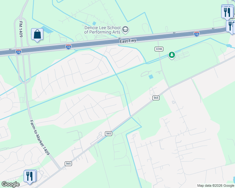 map of restaurants, bars, coffee shops, grocery stores, and more near 15038 Diamond Way in Baytown