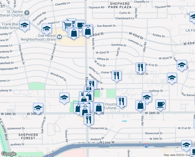 map of restaurants, bars, coffee shops, grocery stores, and more near 1045 Wakefield Drive in Houston