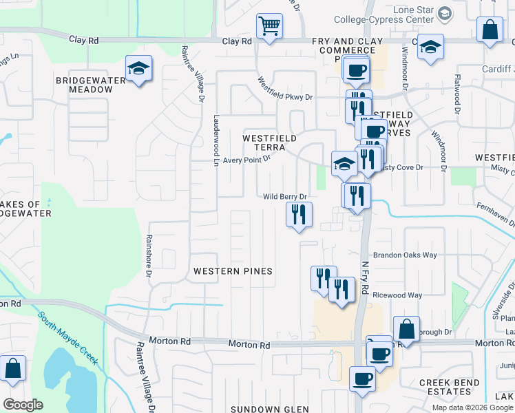 map of restaurants, bars, coffee shops, grocery stores, and more near 3524 Randy Lane in Katy