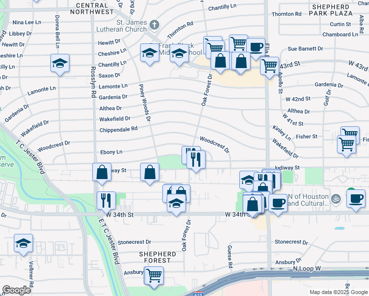 map of restaurants, bars, coffee shops, grocery stores, and more near 1403 Du Barry Lane in Houston