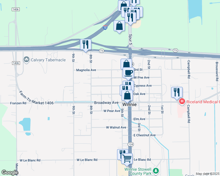 map of restaurants, bars, coffee shops, grocery stores, and more near 318 Cypress Avenue in Winnie