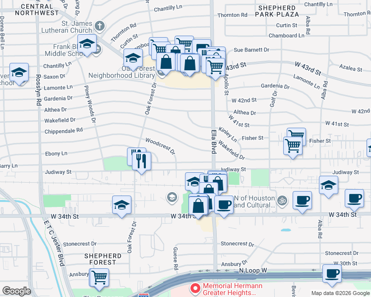 map of restaurants, bars, coffee shops, grocery stores, and more near 1241 Wakefield Drive in Houston