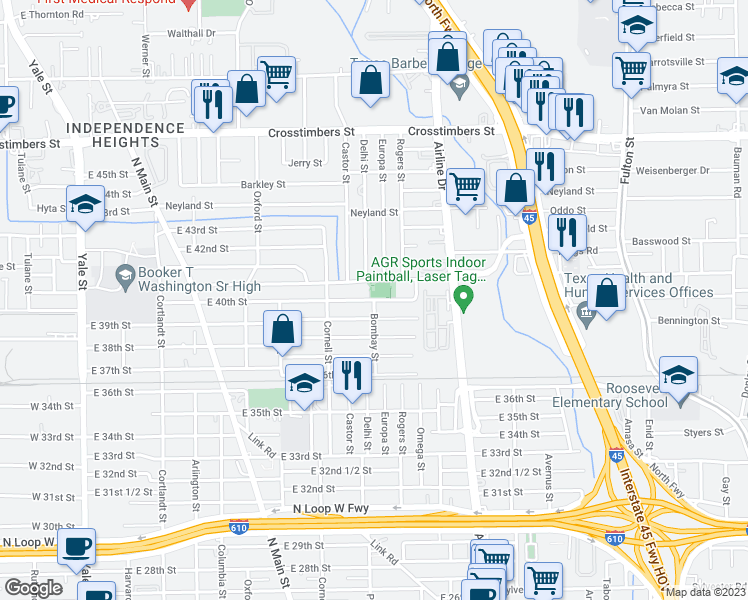 map of restaurants, bars, coffee shops, grocery stores, and more near East 40th Street in Houston