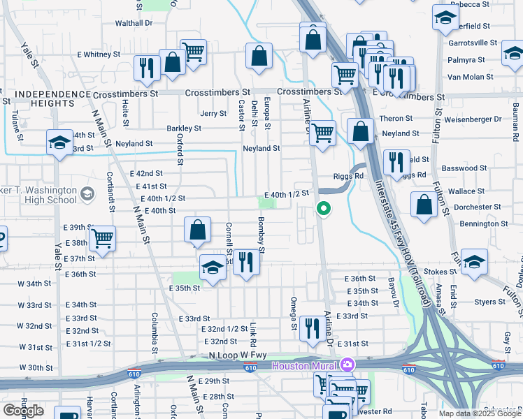 map of restaurants, bars, coffee shops, grocery stores, and more near East 40th Street in Houston