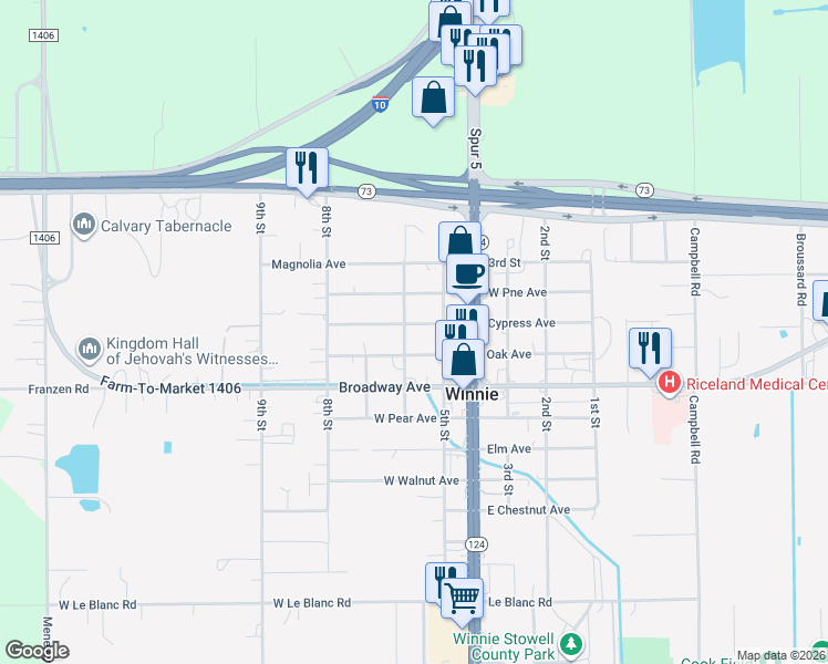 map of restaurants, bars, coffee shops, grocery stores, and more near 210 Cypress Avenue in Winnie