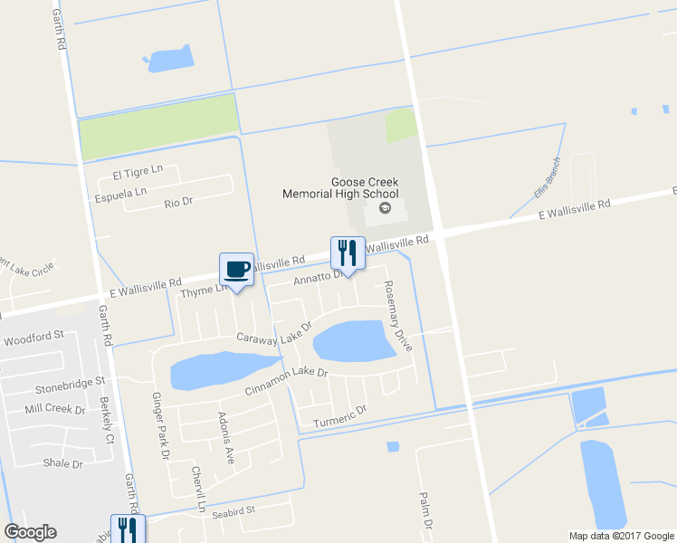 map of restaurants, bars, coffee shops, grocery stores, and more near 5811 Annatto Drive in Baytown