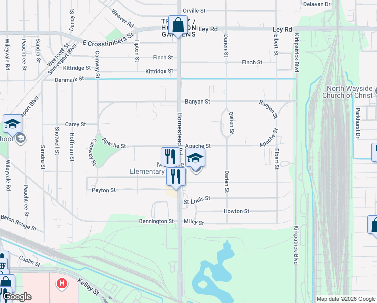 map of restaurants, bars, coffee shops, grocery stores, and more near 7115 Apache Street in Houston