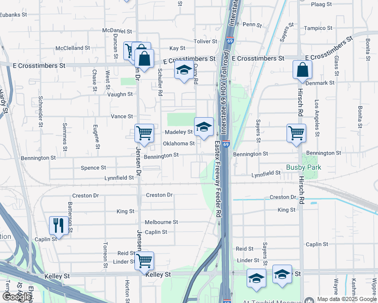 map of restaurants, bars, coffee shops, grocery stores, and more near 3205 Oklahoma Street in Houston