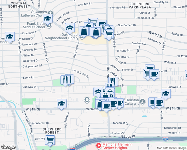 map of restaurants, bars, coffee shops, grocery stores, and more near 1241 Wakefield Drive in Houston