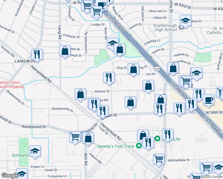 map of restaurants, bars, coffee shops, grocery stores, and more near 6202 Milwee Street in Houston