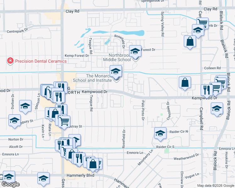 map of restaurants, bars, coffee shops, grocery stores, and more near 10000 Kempwood Drive in Houston