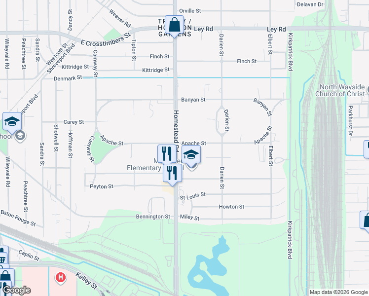 map of restaurants, bars, coffee shops, grocery stores, and more near 7115 Apache Street in Houston