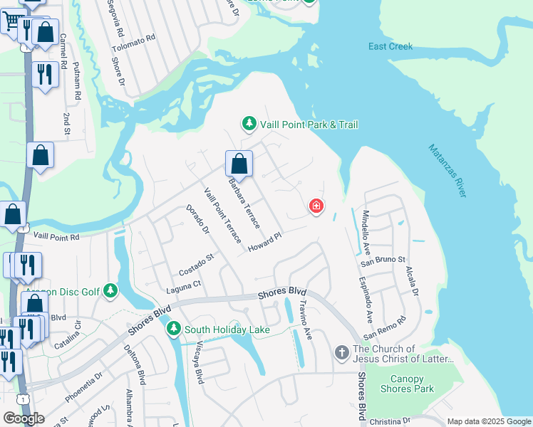 map of restaurants, bars, coffee shops, grocery stores, and more near 741 Vaill Point Road in St. Augustine