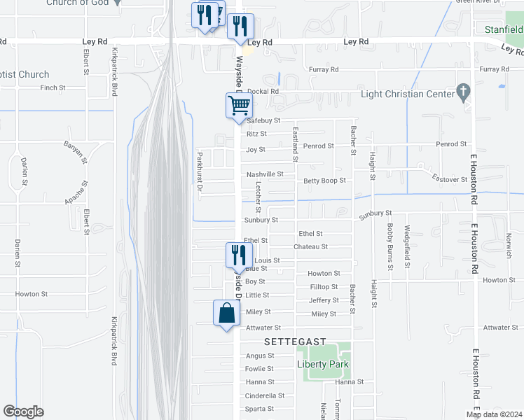 map of restaurants, bars, coffee shops, grocery stores, and more near 6514 Letcher Street in Houston