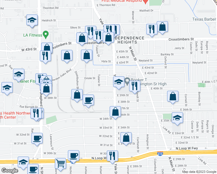 map of restaurants, bars, coffee shops, grocery stores, and more near 210 Cockerel Street in Houston