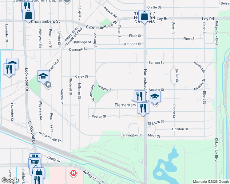 map of restaurants, bars, coffee shops, grocery stores, and more near 6935 Apache Street in Houston