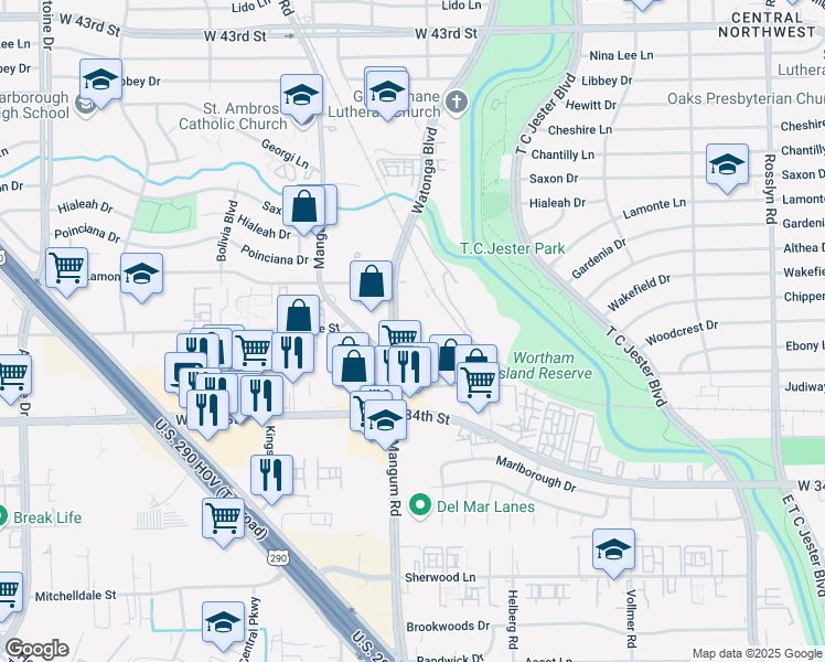 map of restaurants, bars, coffee shops, grocery stores, and more near 3700 Watonga Boulevard in Houston