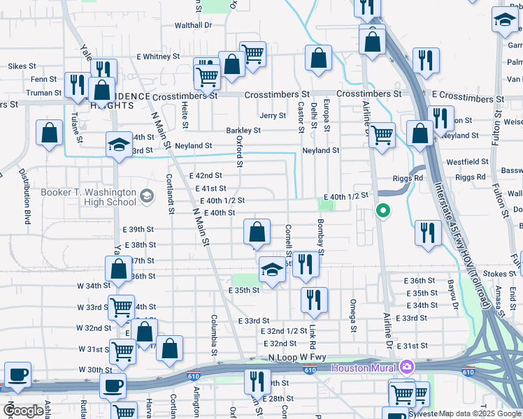 map of restaurants, bars, coffee shops, grocery stores, and more near 705 East 40th Street in Houston