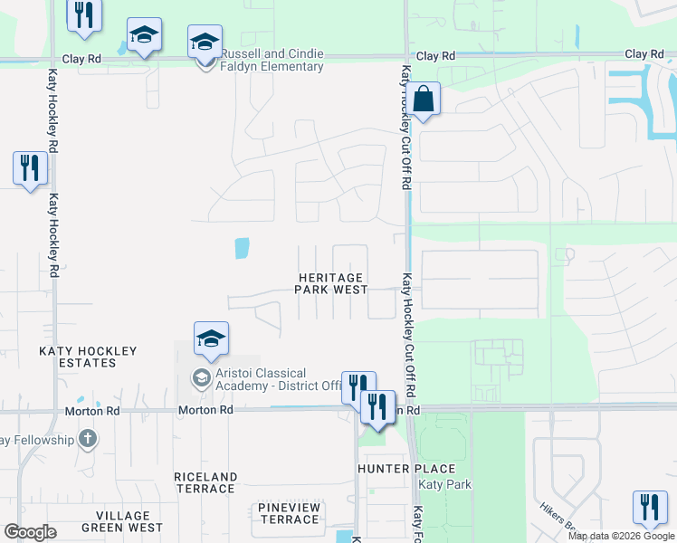 map of restaurants, bars, coffee shops, grocery stores, and more near 3360 Berzin Court in Katy