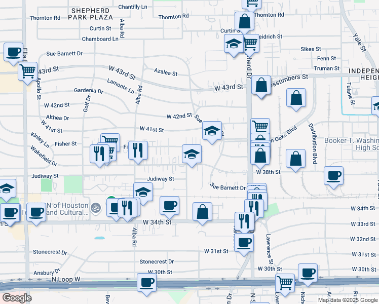 map of restaurants, bars, coffee shops, grocery stores, and more near 808 Fisher Street in Houston