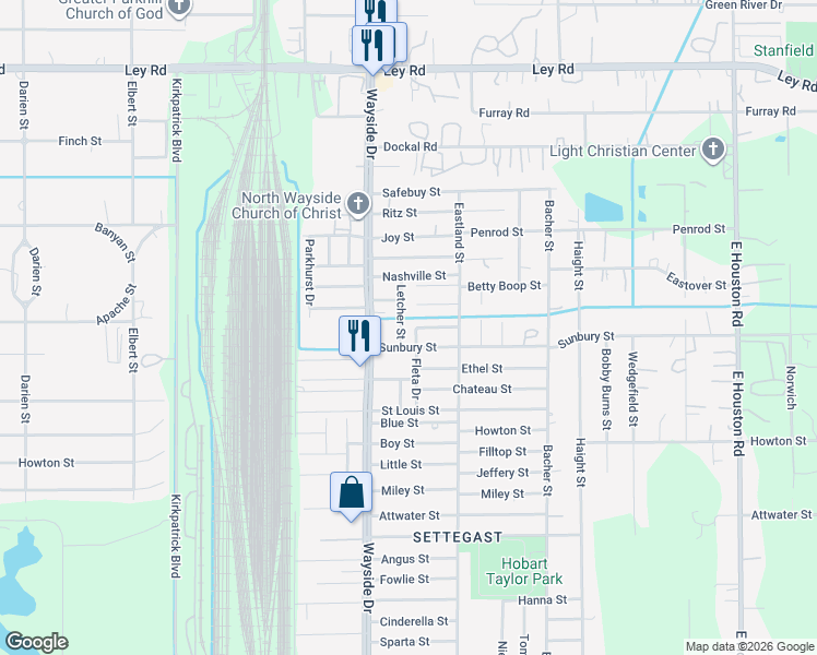 map of restaurants, bars, coffee shops, grocery stores, and more near 6610 Letcher Street in Houston