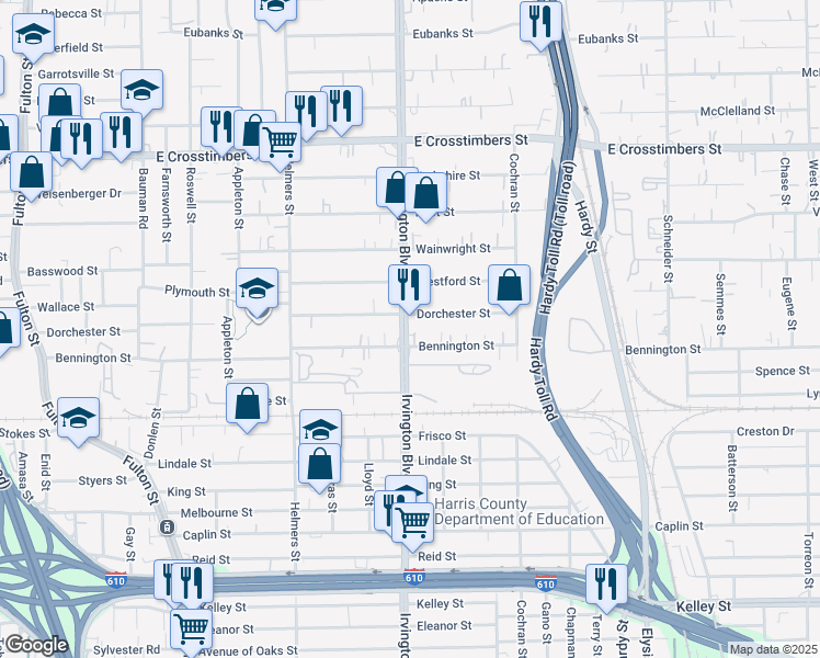 map of restaurants, bars, coffee shops, grocery stores, and more near in Houston