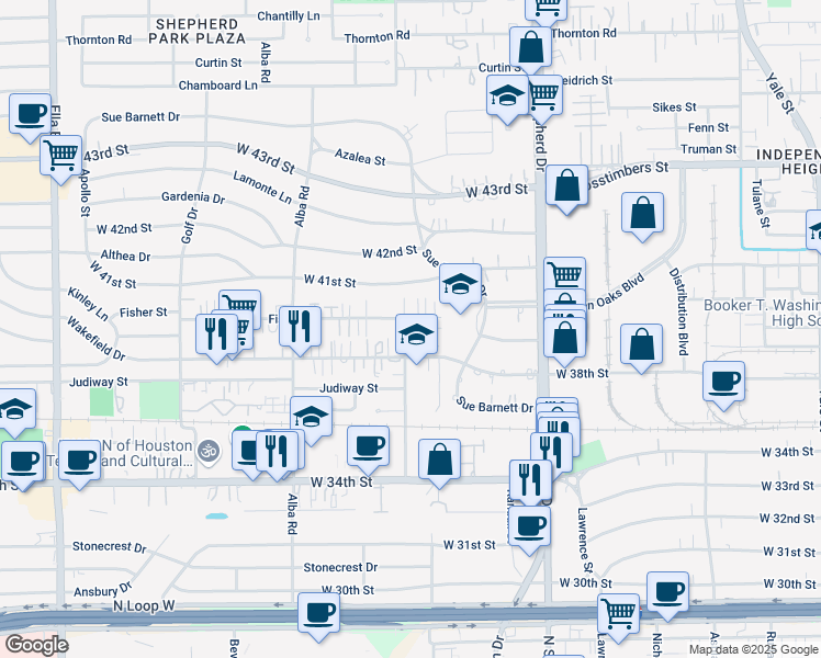 map of restaurants, bars, coffee shops, grocery stores, and more near 808 Fisher Street in Houston