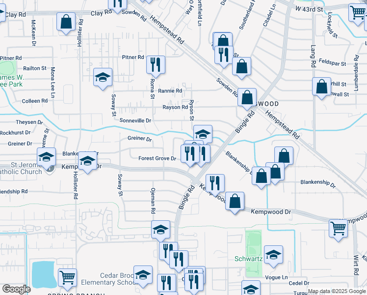 map of restaurants, bars, coffee shops, grocery stores, and more near 3111 Farmington Street in Houston