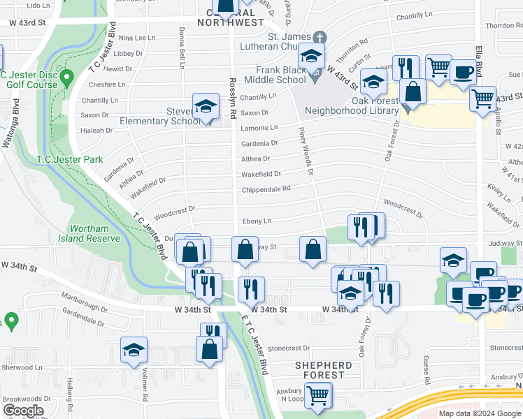map of restaurants, bars, coffee shops, grocery stores, and more near 1721 Woodcrest Drive in Houston