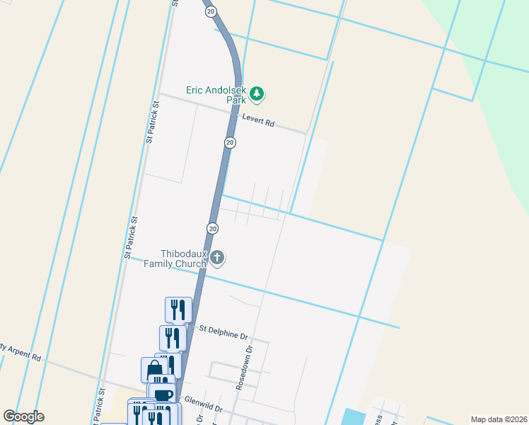 map of restaurants, bars, coffee shops, grocery stores, and more near Rosedown Drive in Thibodaux