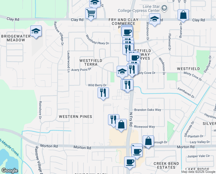 map of restaurants, bars, coffee shops, grocery stores, and more near 3606 Slocom Drive in Katy