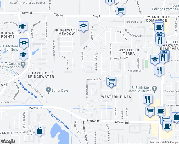 map of restaurants, bars, coffee shops, grocery stores, and more near 3546 Goldleaf Trail Drive in Katy