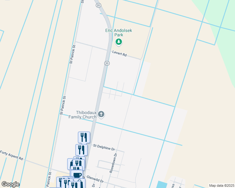 map of restaurants, bars, coffee shops, grocery stores, and more near 201 Swanson Drive in Thibodaux