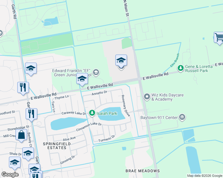 map of restaurants, bars, coffee shops, grocery stores, and more near 5831 Annatto Drive in Baytown