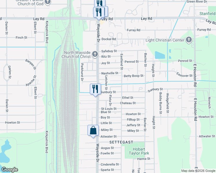 map of restaurants, bars, coffee shops, grocery stores, and more near 6610 Letcher Street in Houston