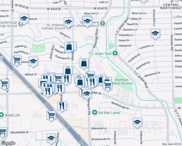 map of restaurants, bars, coffee shops, grocery stores, and more near 3700 Watonga Boulevard in Houston