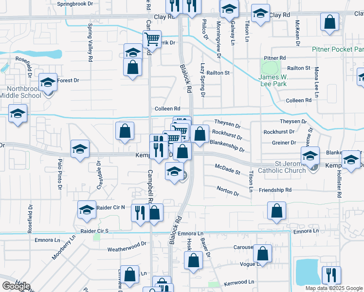 map of restaurants, bars, coffee shops, grocery stores, and more near 3107 Blalock Road in Houston
