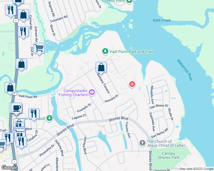 map of restaurants, bars, coffee shops, grocery stores, and more near 601 Peggy Place in St. Augustine