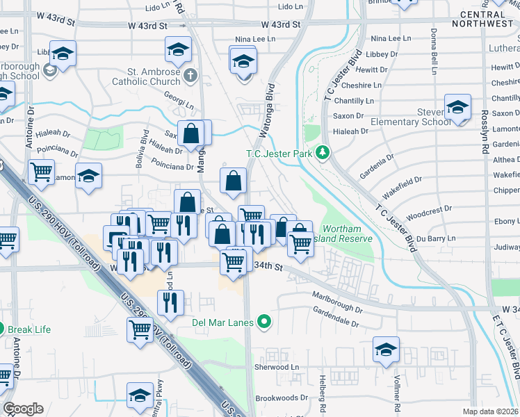 map of restaurants, bars, coffee shops, grocery stores, and more near 3700 Watonga Boulevard in Houston