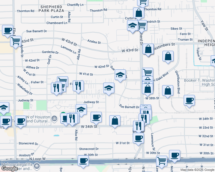 map of restaurants, bars, coffee shops, grocery stores, and more near 808 Fisher Street in Houston