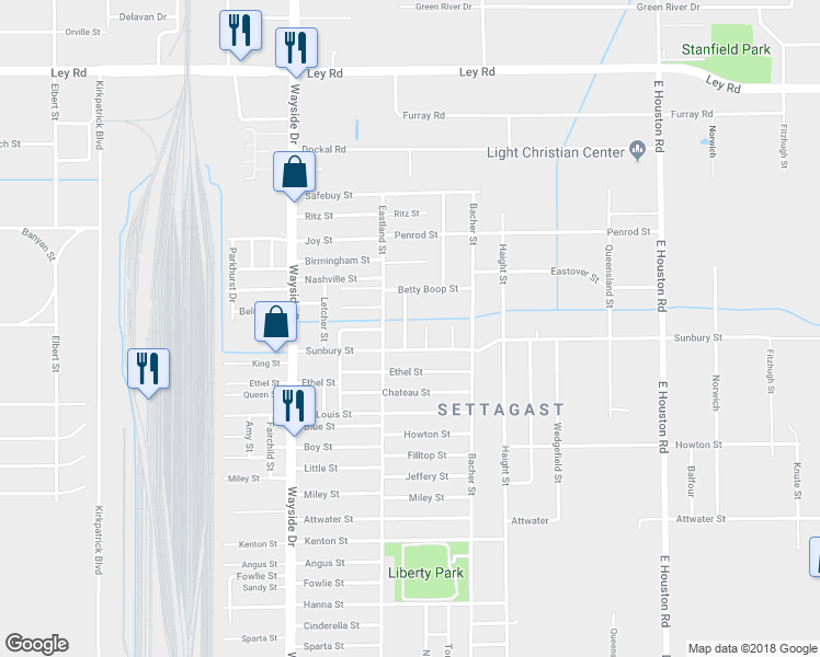 map of restaurants, bars, coffee shops, grocery stores, and more near 6518 Midway Street in Houston