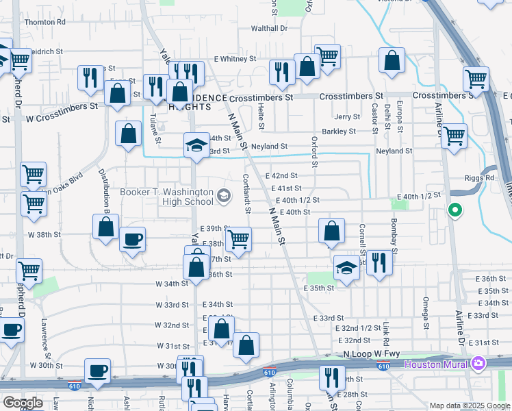 map of restaurants, bars, coffee shops, grocery stores, and more near 407 East 40th 1/2 Street in Houston