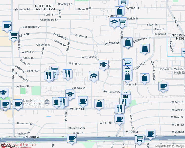 map of restaurants, bars, coffee shops, grocery stores, and more near 808 Fisher Street in Houston